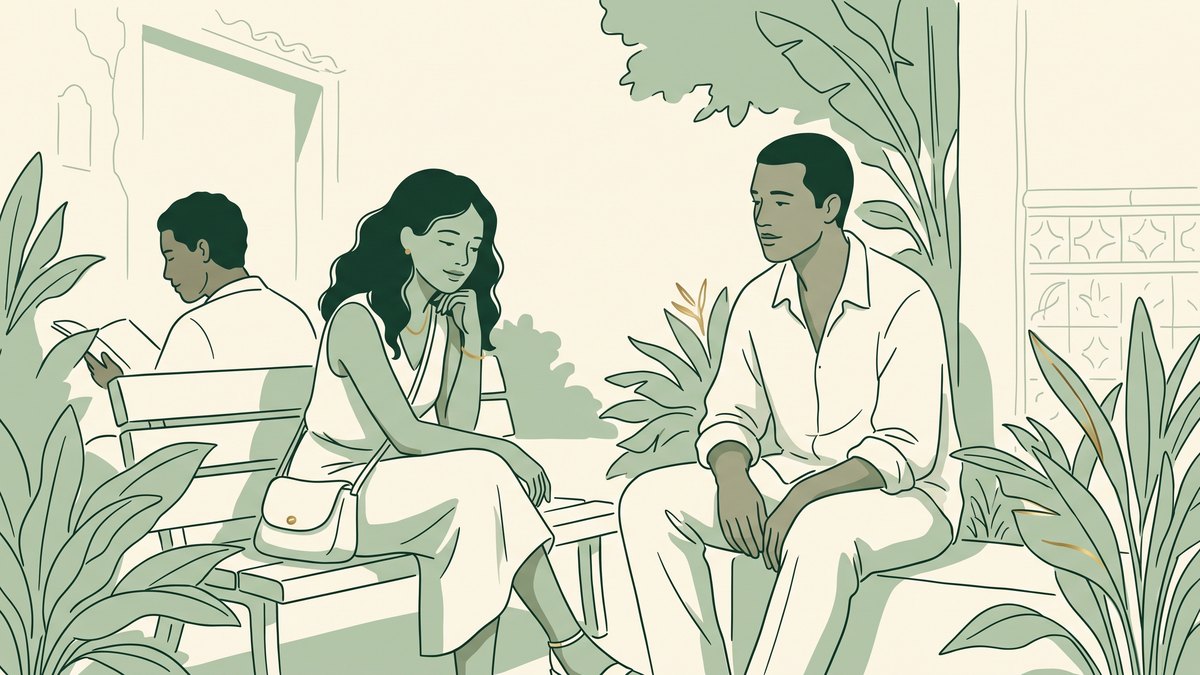 Ilustração: duas pessoas adultas conversando sentadas, em um ambiente tranquilo com plantas