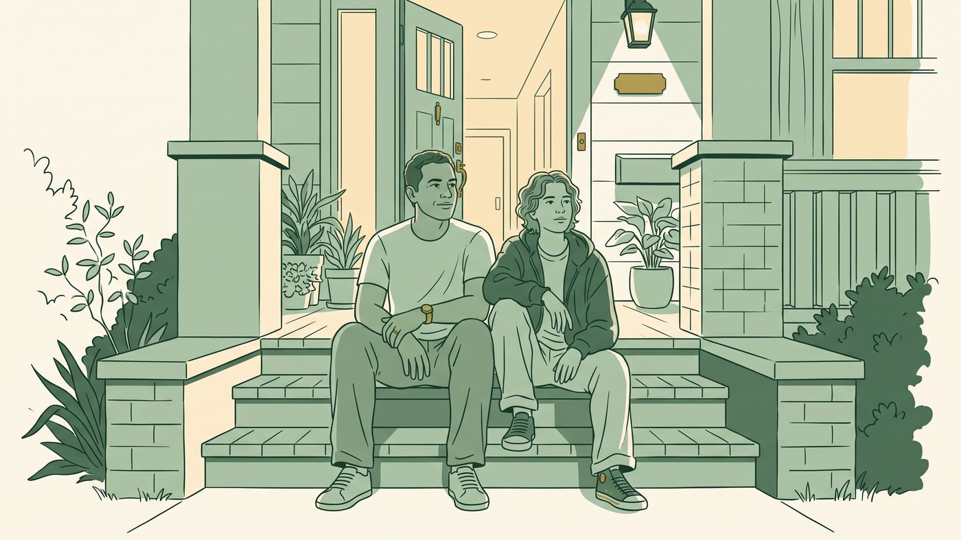 Ilustração: um pai e um filho adolescente sentados lado a lado na escada de casa, em silêncio confortável