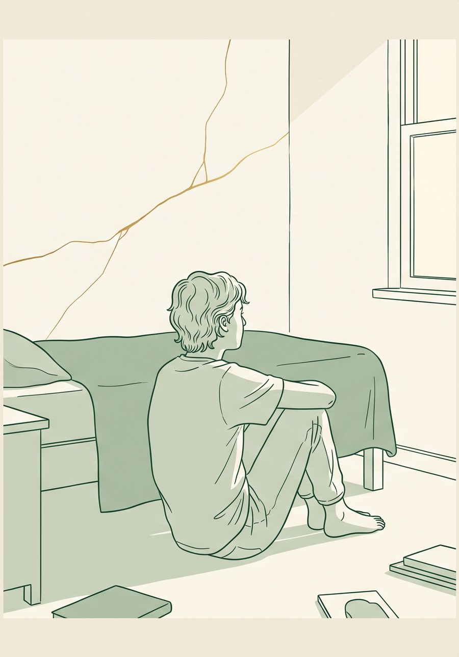 Ilustração: um adolescente sentado no chão do quarto, olhando pela janela, e na parede acima uma rachadura preenchida com ouro
