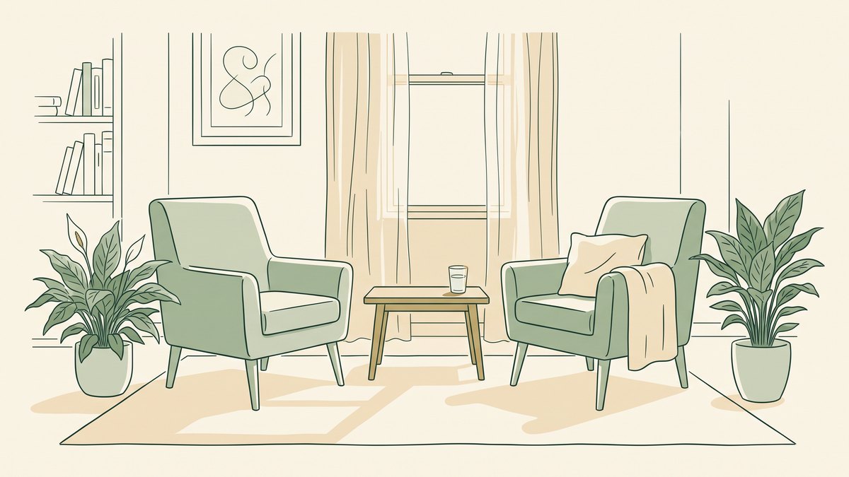 Ilustração: duas poltronas e uma mesa baixa em uma sala clara e acolhedora, preparada para a sessão