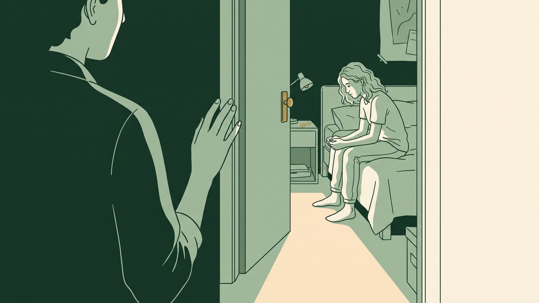 Ilustração: uma mãe parada na porta entreaberta do quarto, olhando para o filho adolescente sentado na cama
